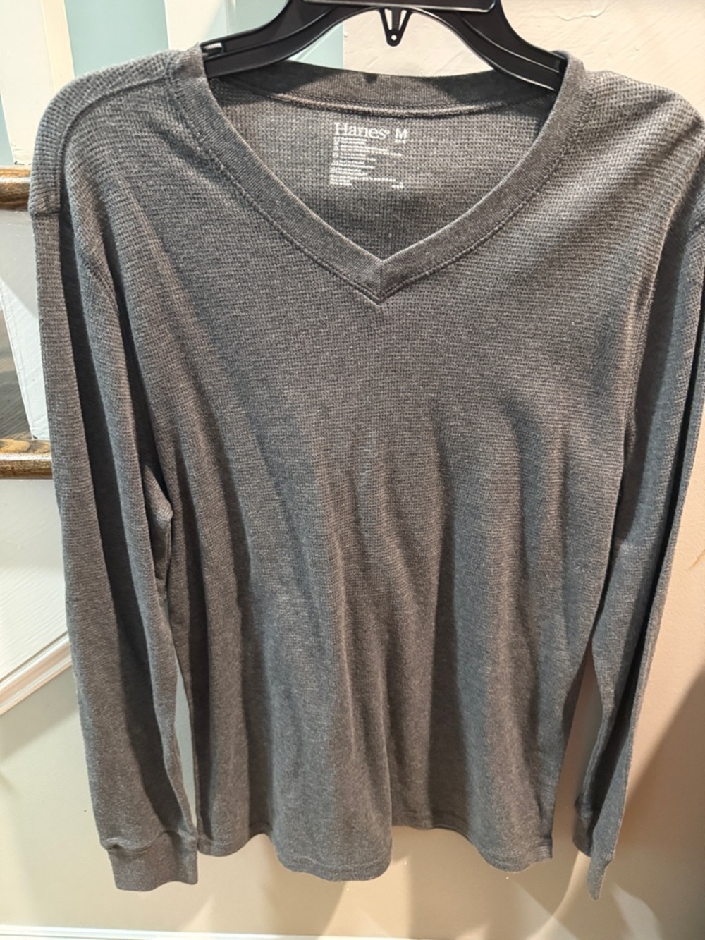 Hanes Gray Men's V-Neck Long Sleeve Shirt